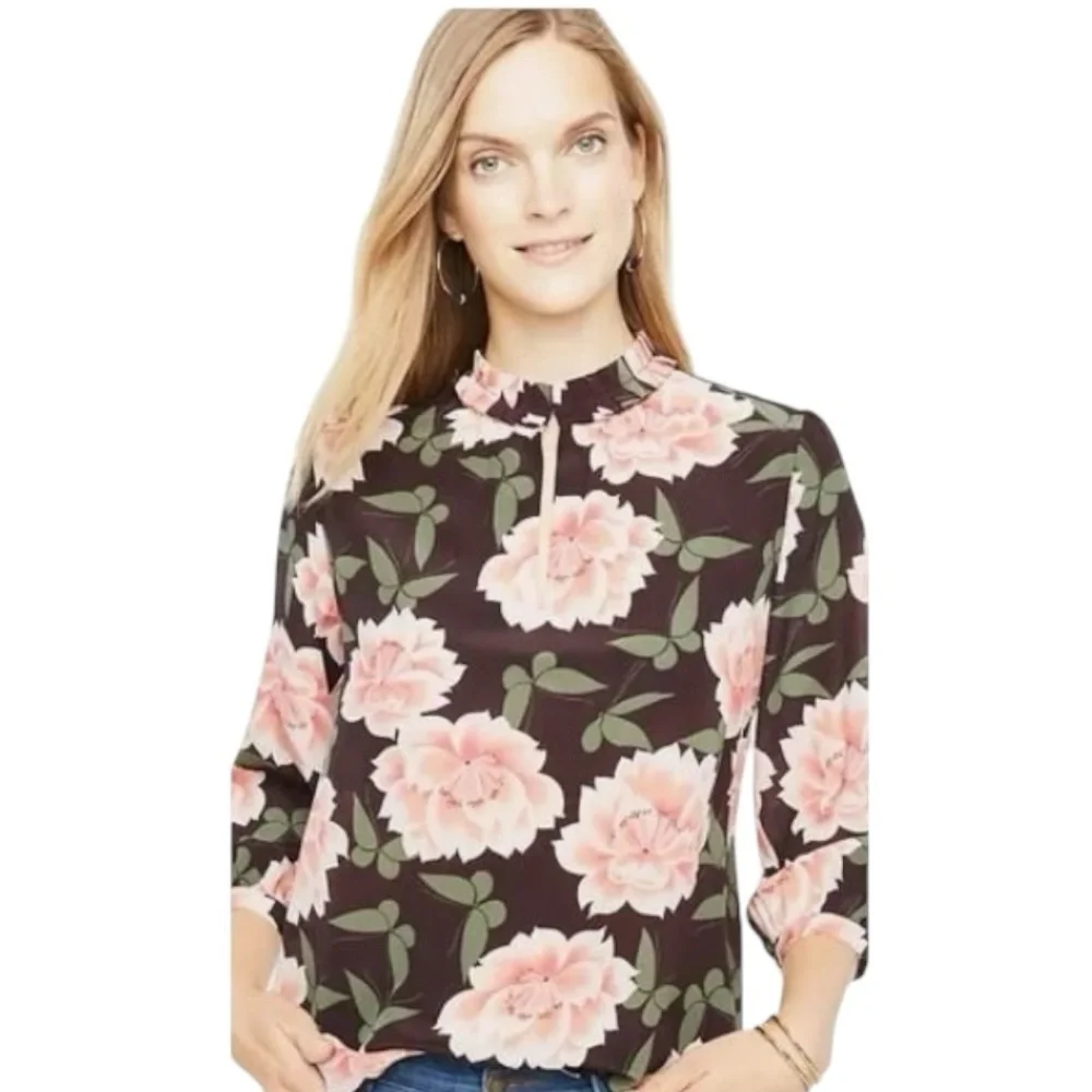Ann Taylor Butterfly Floral 100% Silk Ruffle Split Neck Blouse Long Sleeve XS - Picture 13 of 13